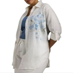 Emily Daniel's White & Blue Floral Embroidered White Blouse Plus‎ Size 2X New